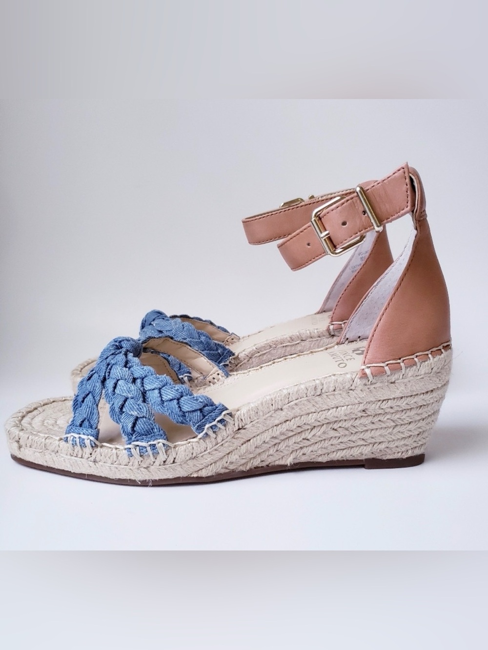 Vince Camuto NWOB Jadeya Blue Espadrille Wedge Sandals with Tan Ankle Strap 7.5 - Picture 1 of 7